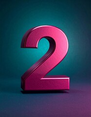 Two 2 Number Fuchsia Metallic Digital Illustration on Teal Background, Isolated Aesthetic 3d Minimalist Smooth Design in Magenta 