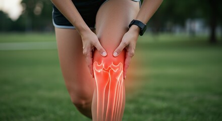 Woman Holding Knee with Pain, Visible Bones and Red Highlight