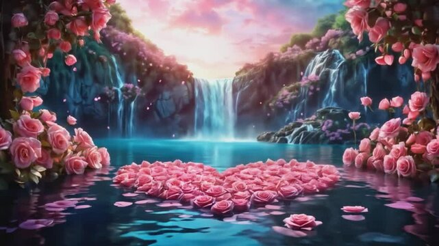 A breathtaking fantasy landscape features a majestic waterfall cascading into a serene lake, adorned with countless pink roses forming a heart. 