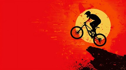 Silhouette of Mountain Biker Jumping Against Vibrant Sunset Background