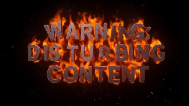 Warning Disturbance Content Text Flaming on Black Background Motion Graphic