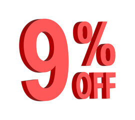 9 percent off discount text graphic in bold red 3D letters, for promotional sale banner icon, coupons, and special offers, marketing design element, boosting savings and shopping deals	