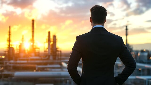 Oil company executive in formal attire standing in front of a complex network of oil storage tanks, pipelines, and industrial towers under a vivid sunset sky