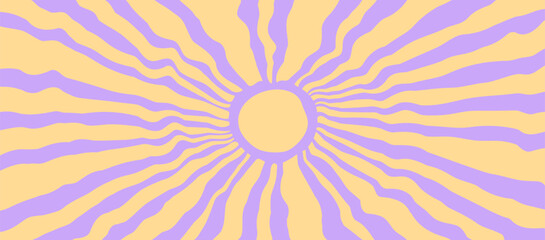 Sun burst background, retro summer ray pattern, abstract wave sunshine, 70s funky doodle flower print. Orange, purple color radial psychedelic bg. Swirl light handdraw. Cute vector illustration
