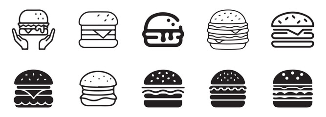 set of black silhouettes of burger vector