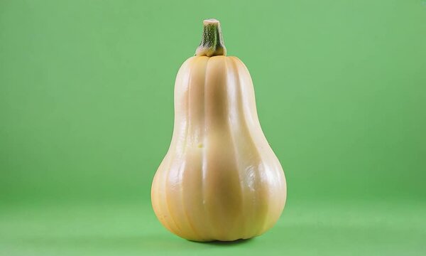 Butternut Squash Portrait: A singular butternut squash stands tall against a vibrant green backdrop, its smooth skin and gentle curves a celebration of nature's simple beauty.