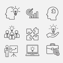 Minimal outline icon set representing creative business solutions ideas, teamwork, goals, innovation and strategy concepts, vector illustration