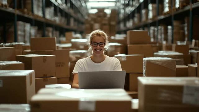 Positive and happy employee working on her laptop in a busy warehouse, managing logistics for an online shopping business, piles of packed boxes around her ready for delivery
