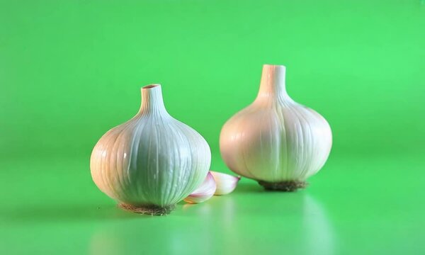 Fresh Garlic Cloves on Green: A vibrant studio shot presents two bulbs of garlic and few cloves, isolated against a verdant green backdrop, highlighting its culinary and health attributes.