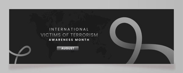 Victims of Terrorism awareness campaign banner with Grey ribbon symbols on gradient pastel light grey and white background.