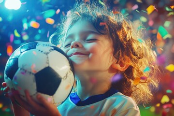 Naklejka premium Young child soccer player kissing ball with joy