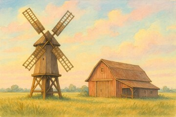 Colorful Countryside Windmill and Barn Under a Pastel Sky During Early Evening Light
