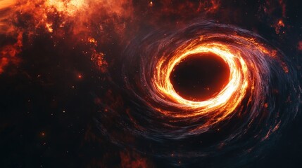Obraz premium Fiery Black Hole Swirling in Space with Bright Orange and Yellow Accretion Disk