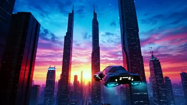 Futuristic hover car flying through high-rise cityscape at sunset  