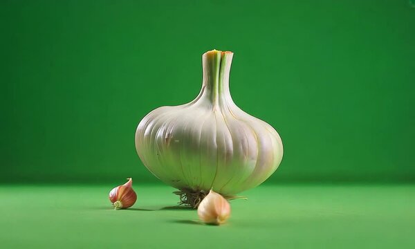 Garlic Fresh: A close-up shot of a bulb of fresh garlic isolated on a solid green backdrop