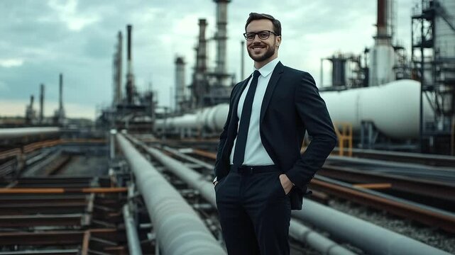Smartly dressed manager standing with hands in pockets on a refinery platform, rows of oil tanks and steel frameworks providing a dramatic industrial backdrop