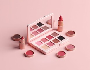 Fototapeta premium Pink Makeup Palette and Lipsticks on Pink Background - Flat Lay