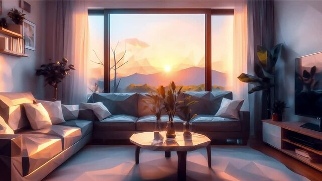 Stunning Sunset Zoom Background Virtual Living Room with Mountain View