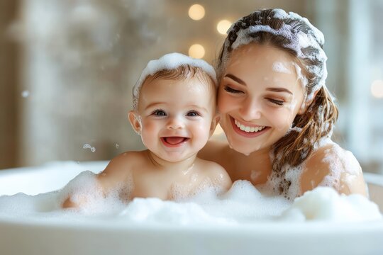 Happy mother bathing baby in soap bubbles - Powered by Adobe