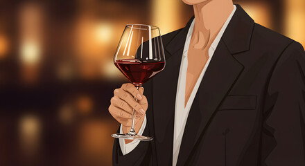 Illustration of Woman dressed in formal attire is holding glass of white wine. Alcohol clarity and reflections during sunset gathering, embodying sophistication and celebration in social atmosphere