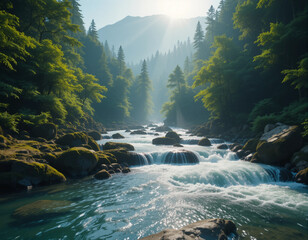 Clear river flowing from a mountain spring to a wide valley