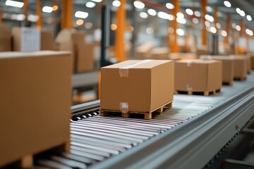 Boxes in motion on conveyor belt at shipping center