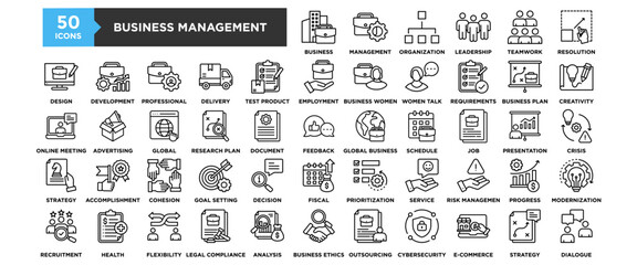 50 Business Management icon collection set. Containing design Business, Business Management, Organization, Leadership, Teamwork	