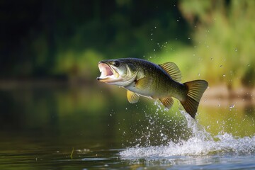 Largemouth bass leaping out of water in action shot