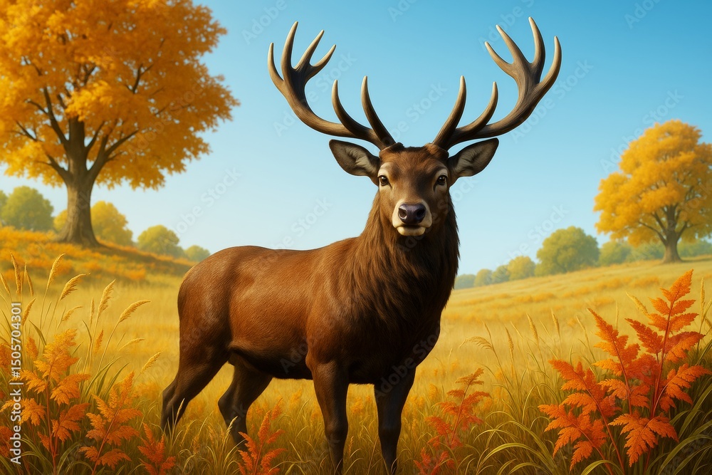 Poster majestic deer standing in golden autumn field with orange trees under clear blue sky, illuminated by