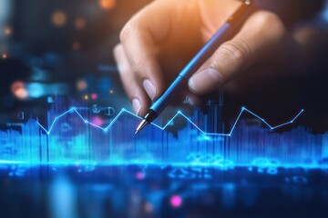 Digital pen drawing blue business growth chart with arrows