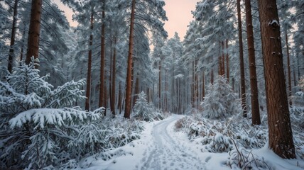 Snowy Path Through Winter Pine Forest