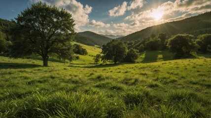 Green Hills under a Cloudy Sky at Sunset