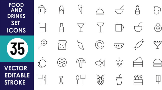 Naklejki A minimalist vector icon set featuring 35 editable stroke food and drink icons, including candy, fruits, desserts, snacks, beverages, and utensils in line art