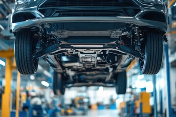 Undercarriage of car lifted for inspection in workshop