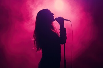 Silhouette of Female Singer Performing in Pink Smoky Stage