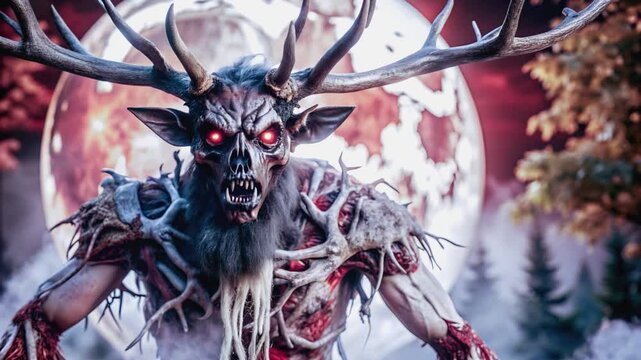 A terrifying mythical Wendigo creature with massive antlers and glowing red eyes emerges from a dark forest, its grotesque form illuminated by a blood-red full moon.