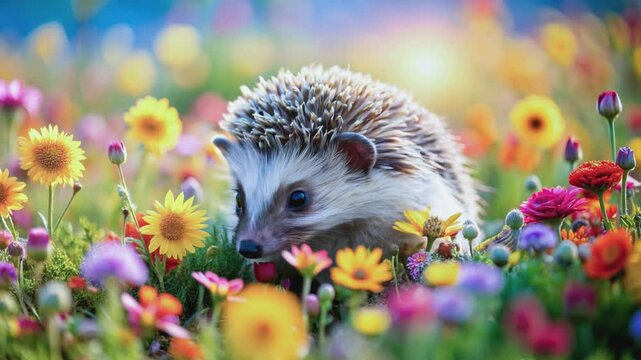 An adorable hedgehog with bright, dark eyes peeks out from a vibrant meadow of colorful wildflowers, capturing a heartwarming moment of wildlife in bloom.