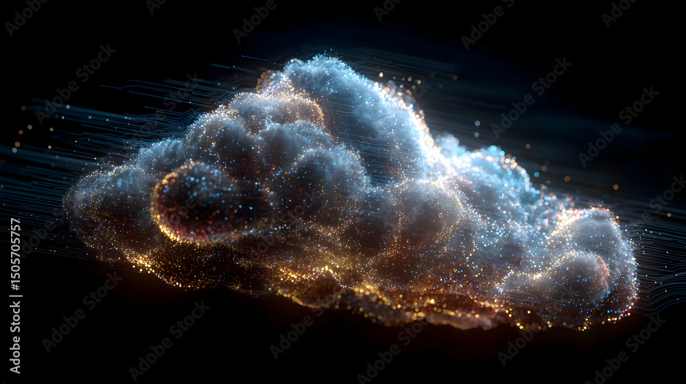 Poster luminous cloud formation with flowing particle streams against a dark backdrop visual concept