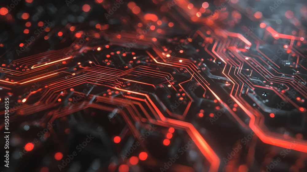 Poster abstract close up view of glowing red electronic circuit board with intricate patterns and component