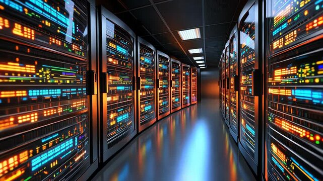 Illuminated server room corridor with racks of glowing network equipment