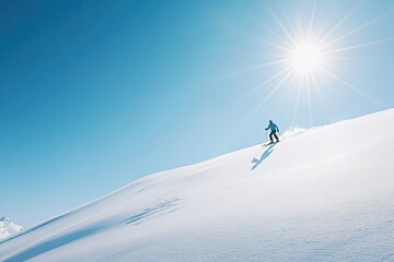 Skier enjoying clear blue sky and bright sunshine on slope
