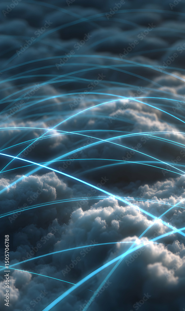 Poster abstract representation of data flowing through a cloud network illustrating technology and communic