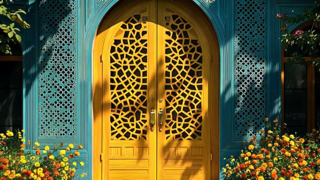 Ornate yellow double doors with intricate geometric latticework, set within a teal building, framed by flowering plants
