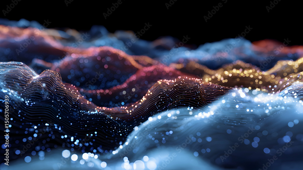 Poster abstract shimmering waves of light dancing in darkness creating a mesmerizing and dynamic landscape 