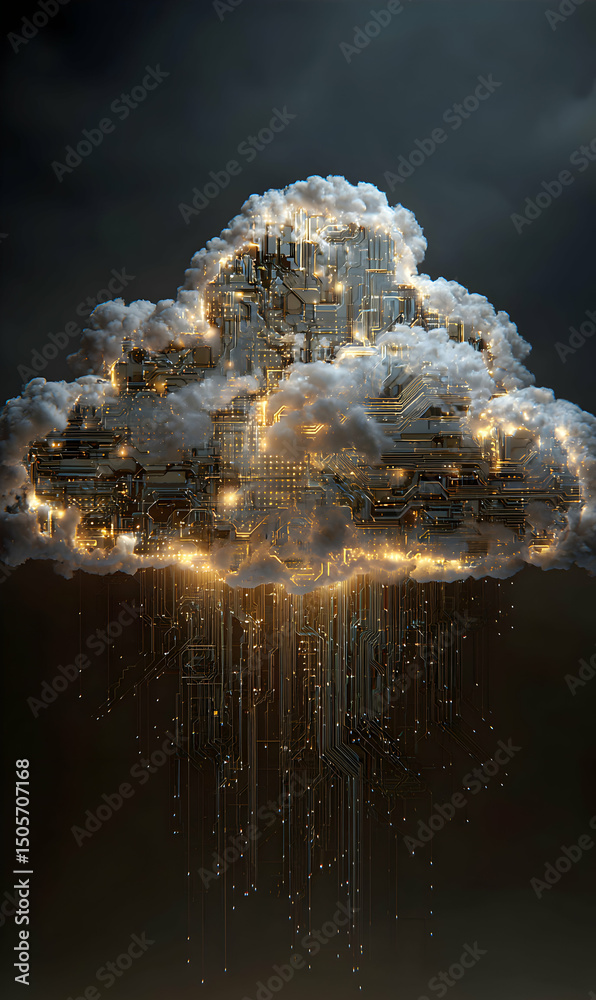 Poster conceptual cloud computing visualization showcases data streams integrated with ethereal clouds and 