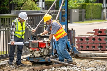 Construction workers operating a heavy-duty power drill to install underground piping at an outdoor construction site with safety gear and brick stacks in the background