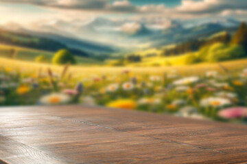 Empty wooden platform with copy space in front of a green meadow. Ideal for eco-friendly product placement, organic themes or nature-focused advertisements.