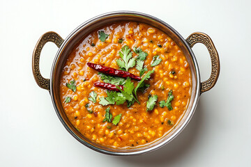 Overhead Shot of Dal Tadka in a Copper Bowl Garnished with Cilantro and Chilies