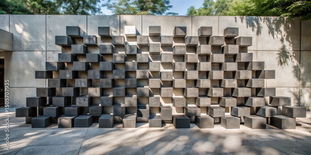 Poster abstract concrete sculpture wall composed of rectangular blocks, creating an interlocking pattern wi