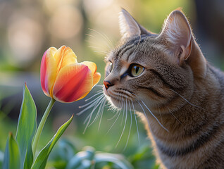 Curious cat sniffing vibrant red and yellow tulip in spring garden, close-up scene with soft natural lighting, green grass background and shallow depth of field highlighting floral detail